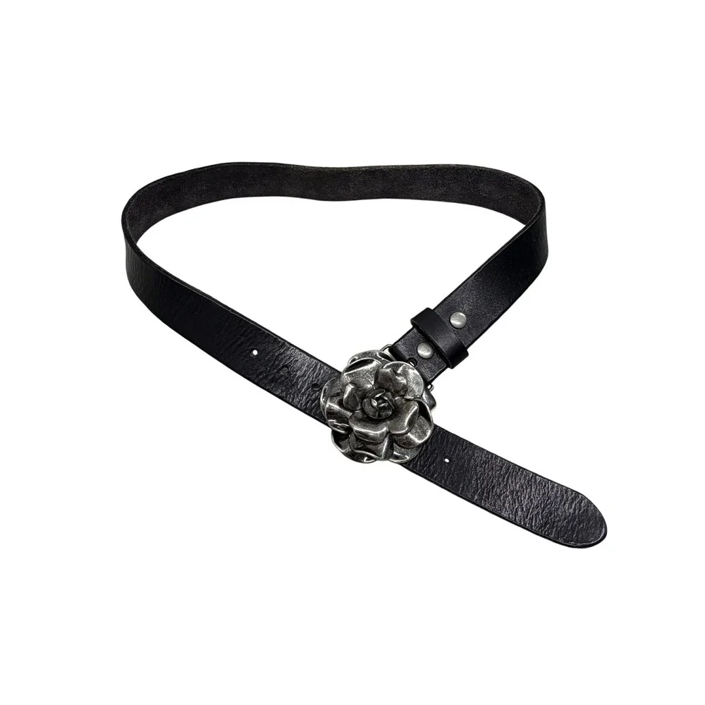 Brown Black Leather Belt Silver Rose Floral Buckle Western Boho Size 32 M